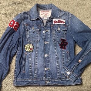True Religion Blue Denim Jacket with Red and Black Patches